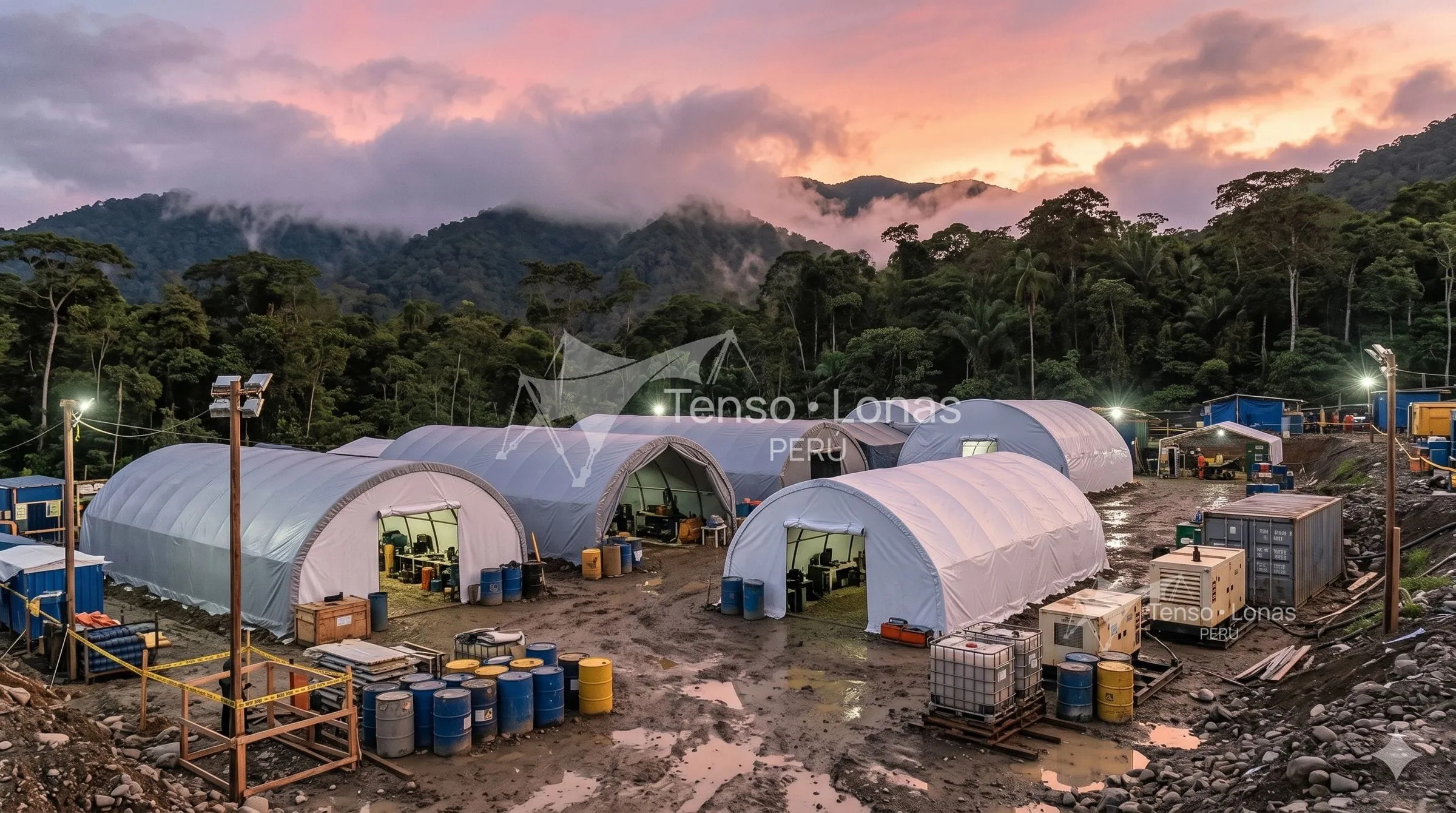 Carpa industrial de gran formato instalada en un campamento minero